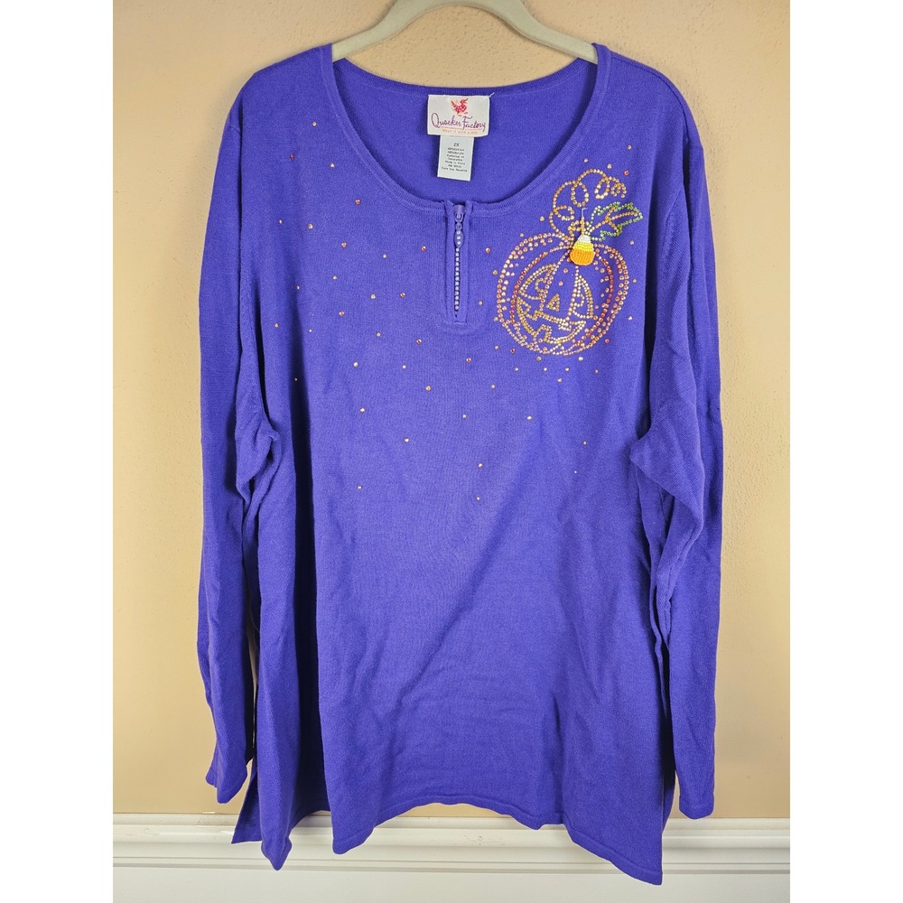 Quacker Factory Purple‎ Embellished Pumpkin Candy Corn Halloween Sweater 2X